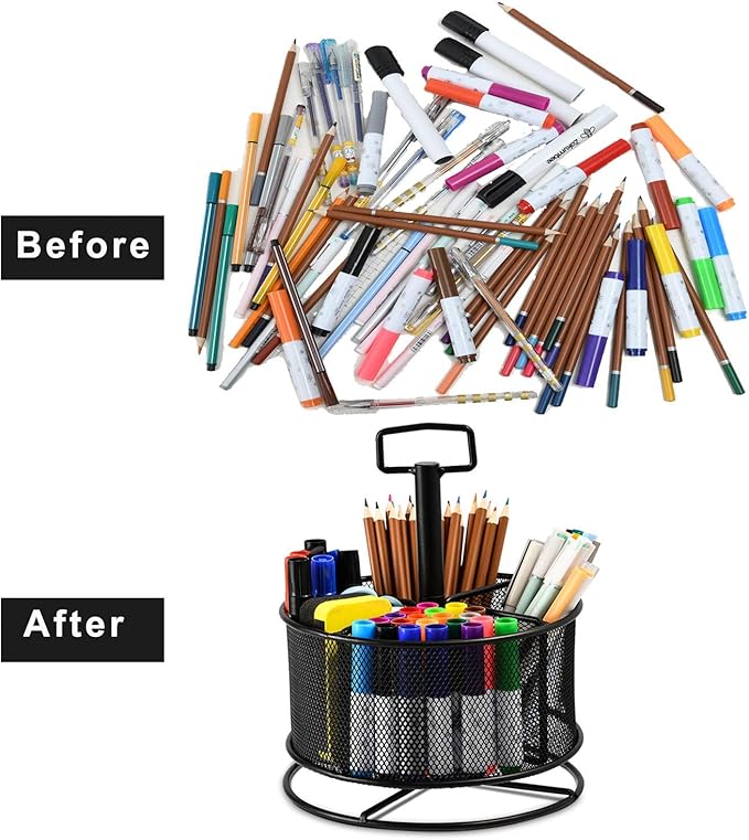 Marbrasse Mesh Desk Organizer, 360-Degree Rotating Multi-Functional Pen Holder, 4 Compartments Desktop Stationary Organizer, Home Office Art Supply Storage Box Caddy (Black)