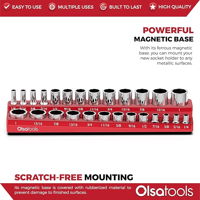 Olsa Tools Magnetic Socket Organizer | 3/8-inch Drive | SAE | RED | Holds 26 Sockets | Professional Quality Tools Organizer