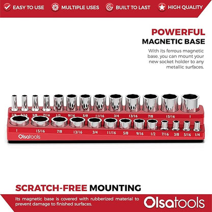 Olsa Tools Magnetic Socket Organizer | 3/8-inch Drive | SAE | RED | Holds 26 Sockets | Professional Quality Tools Organizer