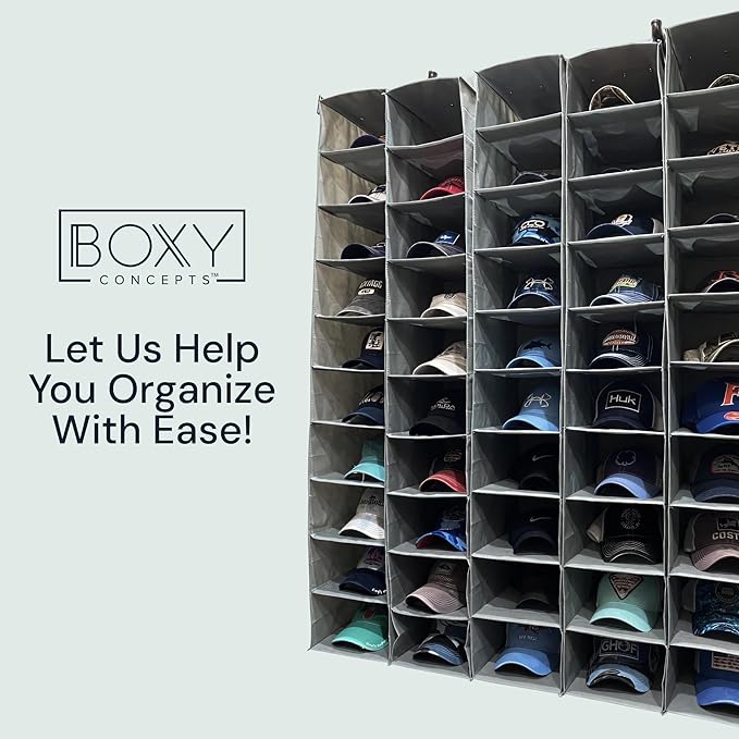 Boxy Concepts 10-Shelf Hanging Hat Organizer for Baseball Caps - Grey Contemporary Fabric - Space-Saving Baseball Cap Organizer & Closet Storage - Wall-Mount Hat Rack & Shoe Rack