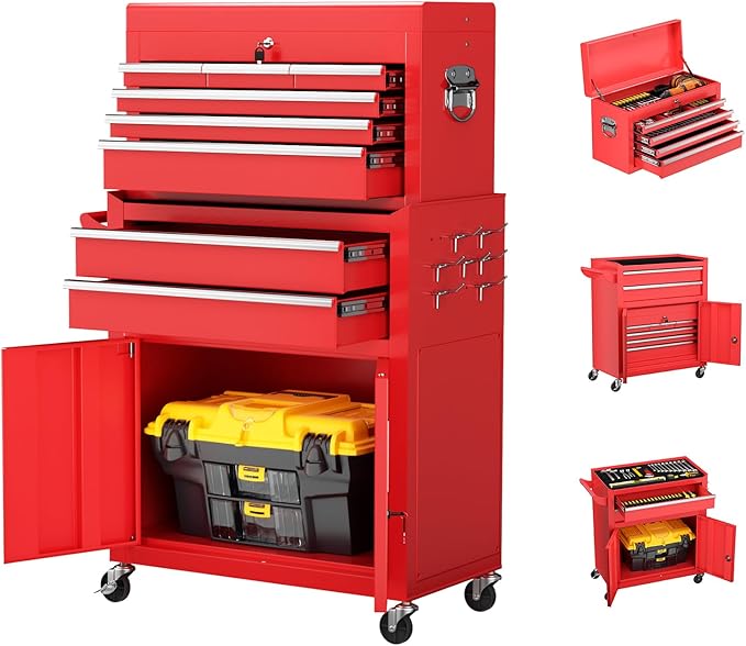 8-Drawer Rolling Tool Chest with Lock, Detachable Tool Cabinet Cart with Wheels, High-Capacity Mechanic Tool Organizer for Garage Workshop Warehouse Storage