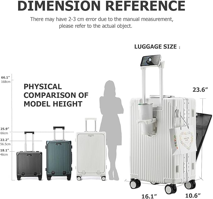 feilario 24in Aluminium Frame PC Hard Shell Spinner Wheels Luggage, Built-In TSA lock Carry on Suitcase, with Cup Holder, USB Port, Phone Holder