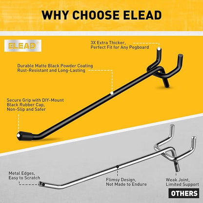 ELEAD 60-Piece 6 Inch Extra Thick Pegboard Hooks, Heavy Duty Peg Board Organizer Accessories, Peg Board Tool Hangers Fit for 1/4" Pegboard Hanging Tools Garage, Workshop, and Craft Storage