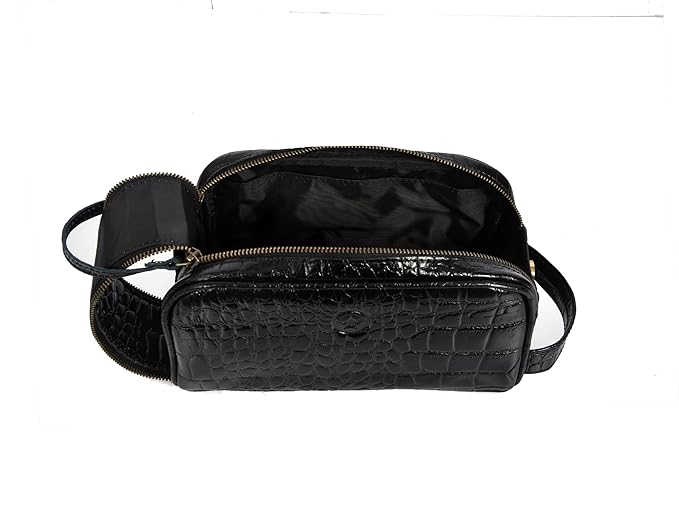 10" Premium Leather Toiletry Travel Pouch With Waterproof Lining | King-Size Handcrafted Vintage Dopp kit By Aaron Leather Goods (Grease Black)