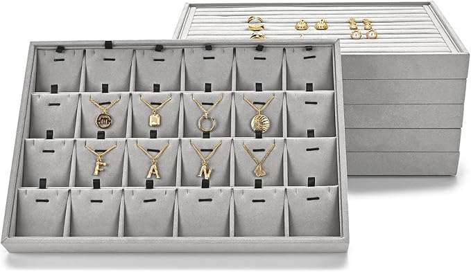 24 Grids Necklace Tray Jewelry Display Tray Necklace Holder Organizer for Drawers With Removable Jewelery Cards Pendant Bracelet Storage Holder (Grey