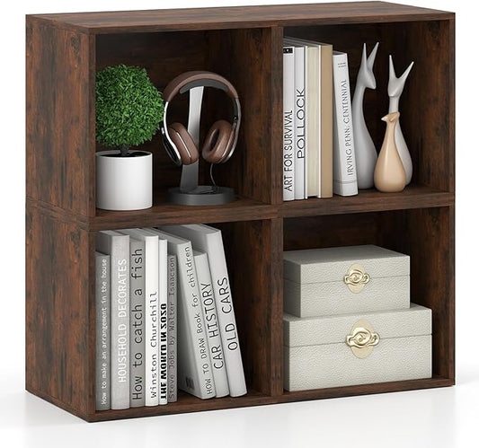 Giantex 4-Cube Bookcase, Stackable Cube Storage Organizer w/Open Bookshelf, Wooden Display Shelving Unit for Small Space, DIY Modular Cubby Storage System for Home, Study, Rustic Brown