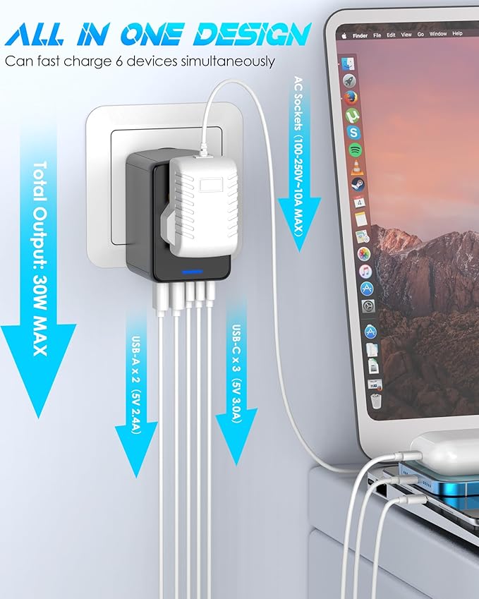 Universal Travel Adapter, 6.0A 30W International Power Adapter, 5 USB C/A Ports + AC Outlets for All USB Devices, Type I C G A Plugs 110V 220V A/C, European Travel Plug Adapter for 200+ Countries