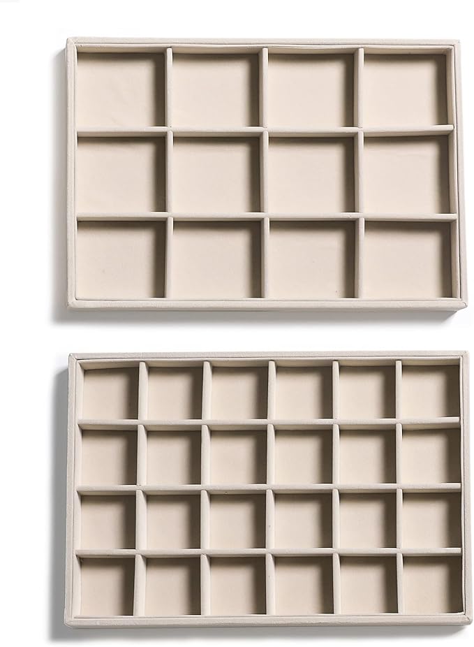 Frebeauty Stackable Velvet Jewelry Organizer Trays for Drawers Inserts Jewelry Storage Tray Display Case, Stud Earrings Bracelets Necklace Rings Accessories Trays for Women Girls(Set of 2 Beige)