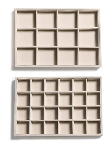 Frebeauty Stackable Velvet Jewelry Organizer Trays for Drawers Inserts Jewelry Storage Tray Display Case, Stud Earrings Bracelets Necklace Rings Accessories Trays for Women Girls(Set of 2 Beige)