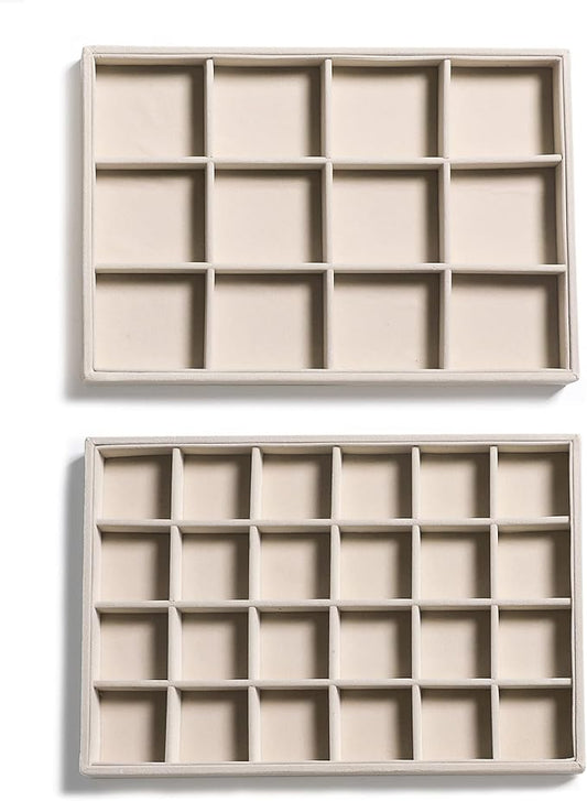 Frebeauty Stackable Velvet Jewelry Organizer Trays for Drawers Inserts Jewelry Storage Tray Display Case, Stud Earrings Bracelets Necklace Rings Accessories Trays for Women Girls(Set of 2 Beige)