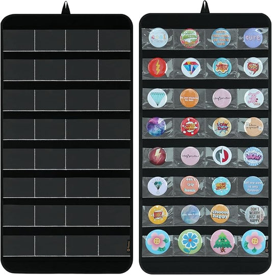 PACMAXI Hanging Badge Button Pin Organizer Display Storage Stand, Enamel Mini Button Pins Display Holder, Hold Up To 32 Pins. (Black-32 Pockets)