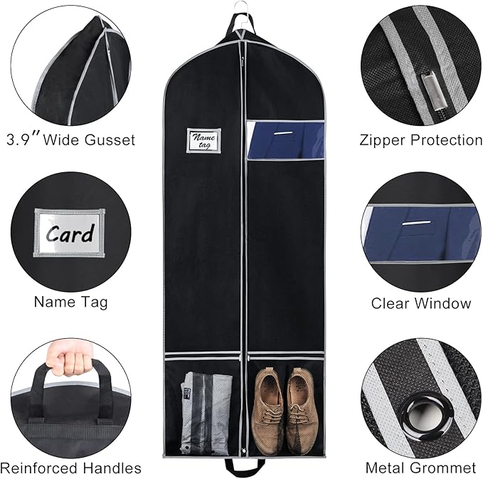 Zilink Long Garment Bags for Dresses Coat Bags for Travel and Storage 60 inches Gusseted Suit Cover Protector for with 2 Large Mesh Pockets and 2 Carry Handles for Suit Coat, Dress, Tuxedos Set of 2
