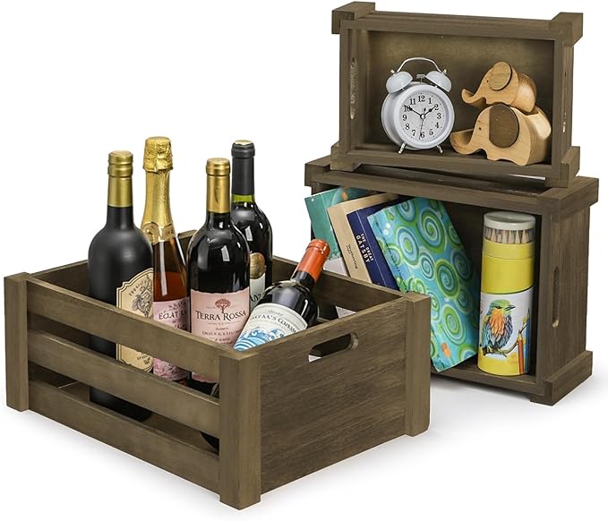 Lawei Set of 3 Wood Nesting Storage Crates with Handle, Rustic Farmhouse Decorative Wooden Crates Distressed Crates Storage Container for Display, Large Vintage Wood Decor Crates Wooden Baskets