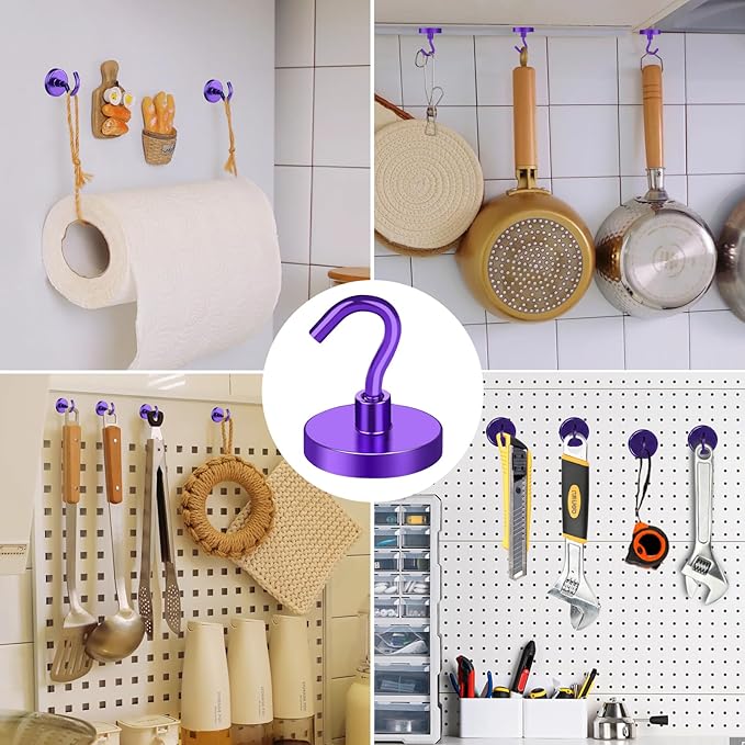 MIKEDE Strong Magnetic Hooks, 120Lbs Heavy Duty Magnetic Hooks for Cruise, Neodymium Earth Magnets with Hooks for Hanging, Super Metal Industrial Magnets for Grill, Storage (Purple,10 Pack)