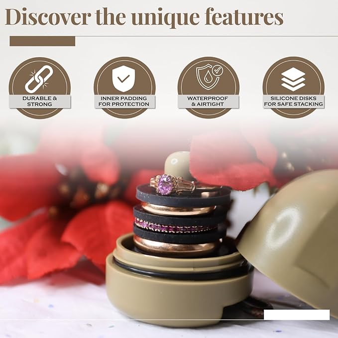 RING THING - Ring Holder Keychain, Jewelry Organizer and Storage, Portable Waterproof Ring Holder, Pill Box Keychain Container, Gym Accessory, and Travel Ring Case (Khaki)