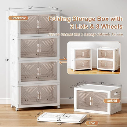 Storage Bins with Lid 48QT, Stackable Storage Containers with Wheels and Magnetic Doors, Plastic Clothes Closet Organizers and Storage Box for Home and Office (4 Pack)