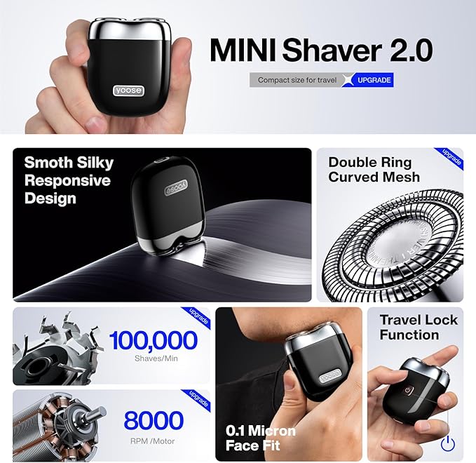 yoose Mini Electric Shaver, Alloy Portable Travel Shavers, Cordless Shaving, USB-C Rechargeable Electric Razor for Men, Dry Shave, IPX7 Waterproof, Detachable Head, Easy Cleaning, Black