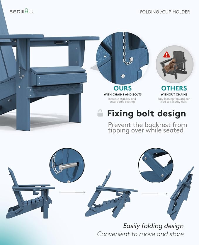 SERWALL Folding Adirondack Chair, HDPE Adirondack Chairs Set of 2, Plastic Outdoor Chairs- Looks Exactly Like Real Wood- Navy