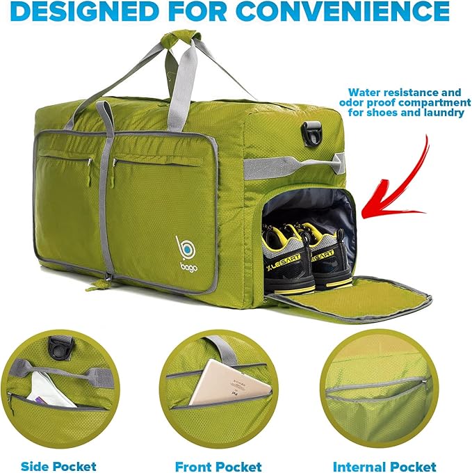 Bago Big XXL Foldable Duffel Bags for Traveling Women & Men - 140L Packable Duffle Bag for Travel with Shoe Compartment - Water Repellant, Heavy Duty, Lightweight Folding & Collapsible (Green)