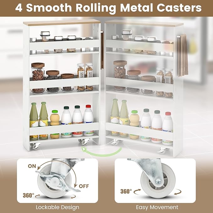 Slim Storage Cart, 4 Tier Rolling Storage Cabinet with 4 Universal Wheels, Convenient Handle, Narrow Laundry Cart for Small Space Bathroom Office