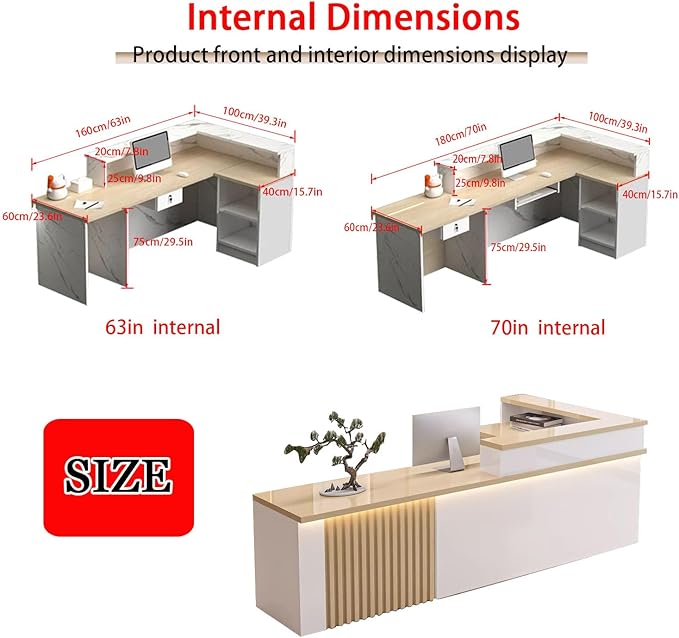 Receptionist Desk with LED Light，Wooden Salon Checkout Counter with Storage Drawer & Keyboard Tray Modern L-Shaped Reception Desk for Barbershop Office Company Store