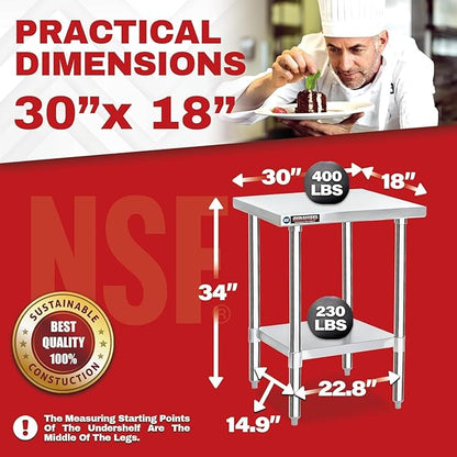DuraSteel 30x18 Stainless Steel Work Table - NSF Commercial Prep Metal Table - Outdoor Pizza Oven Stand w/Under Shelf - Kitchen Island Laundry Utility Garage Microwave Stand Large Rolling Storage Cart