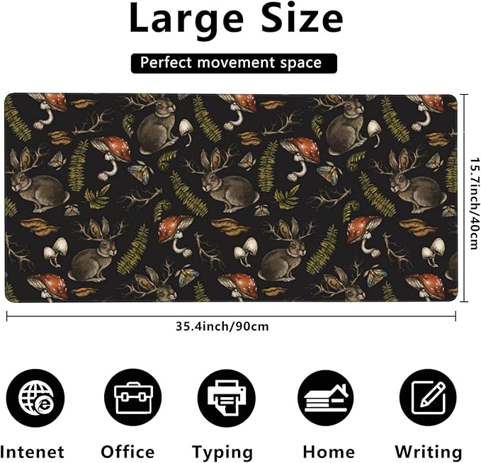 Desk Mat,Mystical Hare with Mushroom Gaming Mouse Pad,XXL Extended Mouse Pad Mat for Office,Computer,Keyboard with Non-Slip Base Stitched Eges Mousepad 35.4x15.75 inch