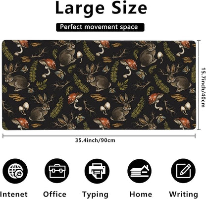 Desk Mat,Mystical Hare with Mushroom Gaming Mouse Pad,XXL Extended Mouse Pad Mat for Office,Computer,Keyboard with Non-Slip Base Stitched Eges Mousepad 35.4x15.75 inch