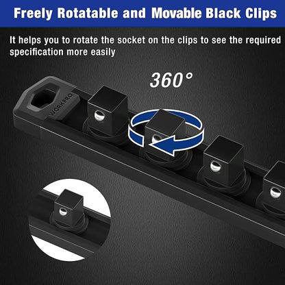 WORKPRO Magnetic Socket Organizer, 1/4-Inch Drive Aluminum Alloy Socket Rail, Heavy Duty Socket Holder, Socket Rack Kit 1/4-Inch x 12 Clips Black (Socket not Included)