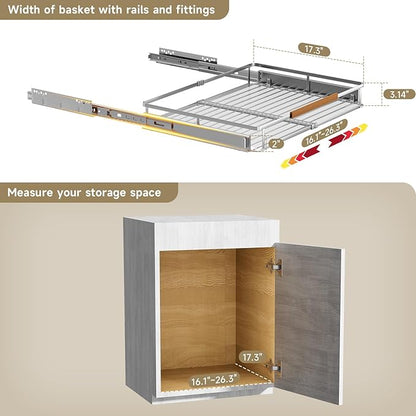 1 Pack Expandable Pull Out Cabinet Organizer，Side Mounting 16.3~26.3"x17.3"Cabinet Pull Out Shelves, Expandable Slide Out Spice Rack for Kitchen Bathroom Office