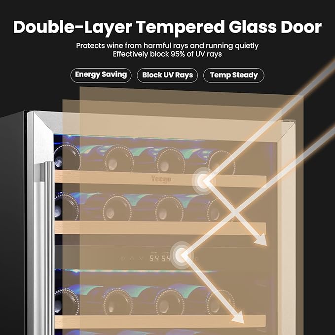 Yeego Wine Fridge Cooler - 24 Inch Dual Zone Wine Fridge Hold 47 Bottles, 40-65°F Wine Refrigerator Glass Door, Built in, Freestanding Under Counter Fridge for Beer Soda Drink Home Bar Office