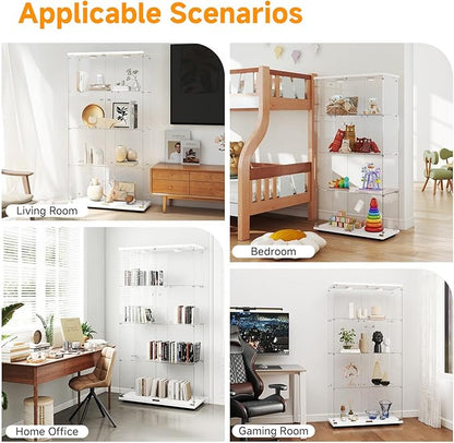 Tempered Glass Display Cabinet with Lights, 4-Tier Curio Cabinet with Glass Doors and Lock, Glass Display Case for Collectibles, for Living Room, Bedroom, Office, Double Door, White