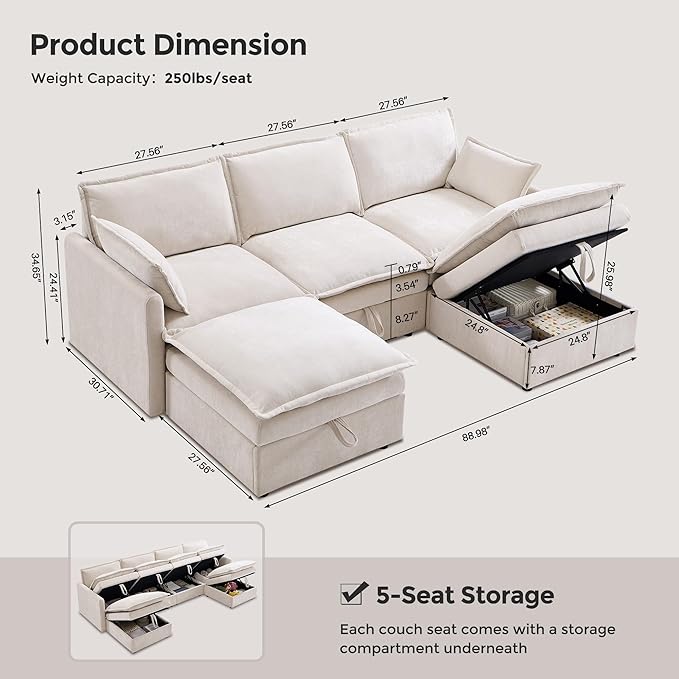 88.98" Sectional Couches for Living Room, Cloud Couch Sectional with Large Storage, U-Shape Modular Sectional Sofa with Ottoman, 5 Seater Chenille Sofa with Pillow for Apartment, Bedroom, Beige