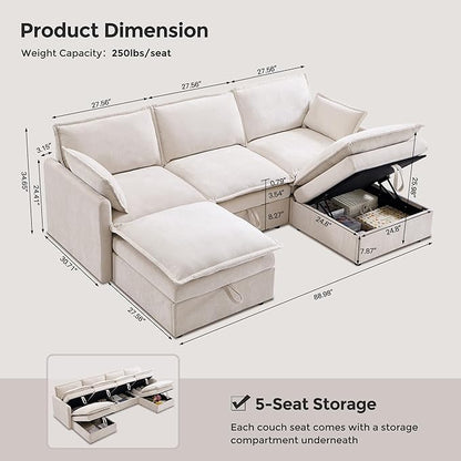 88.98" Sectional Couches for Living Room, Cloud Couch Sectional with Large Storage, U-Shape Modular Sectional Sofa with Ottoman, 5 Seater Chenille Sofa with Pillow for Apartment, Bedroom, Beige