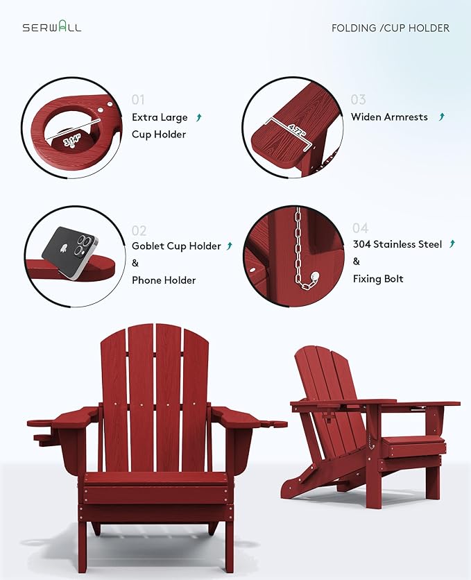 SERWALL Adirondack Chair with Cup Holders - Composite Adirondack Chairs Set of 8 HDPE Outdoor Chairs All Weather Use- Dark Red