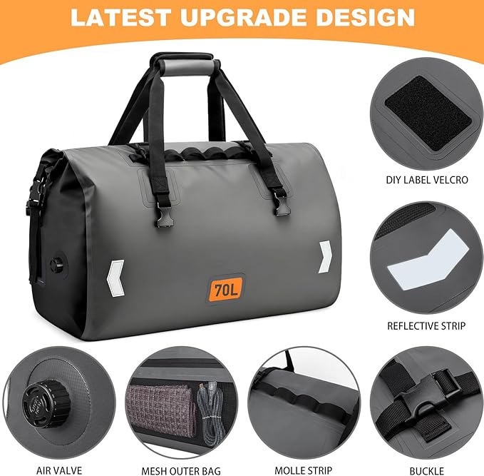 Waterproof Duffel Bag, 70L Roll-top Motorcycle Dry Bag with Air Valve & Quick-fixed Straps, Travel Duffle Bags for Kayaking Paddle Boarding Rafting Boating Camping Riding Fishing - Grey