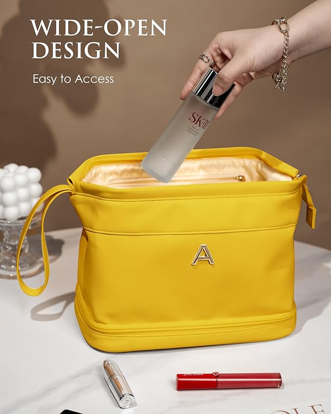 Gifts for Teen Girls 14-16, Initial Makeup Bag, Travel Gifts, Personalized Bags, Waterproof Double Layer Cosmetic Bag, Large Capacity PU Leather Makeup Bags Letter Travel Toiletry Bag