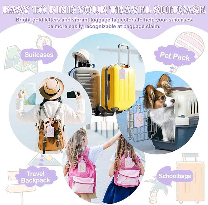 Personalized Initial Luggage Tags for Suitcase, Purple Leather Cute Luggage Tags with Privacy Cover Name Card, Embroidered Custom Monogrammed Luggage Tag Travel Backpack Tags Gifts for Women Kids(N)