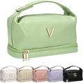 Trendy Gifts for Women, Personalized Makeup Bag with Handle, Initial Double Layer Cosmetic Bag with Makeup Brush Organizer, Cute Cosmetic Pouch for Women, Gifts for Friends Female Mom