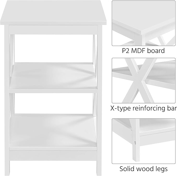 Yaheetech 3 Tier Sofa Side End Table with Shelf, X Shaped Sturdy Large Chair Side Snack Table for Living Room, Display Unit Organizer, White, 15.7 x 15.7 x 24’’ (L x W x H)