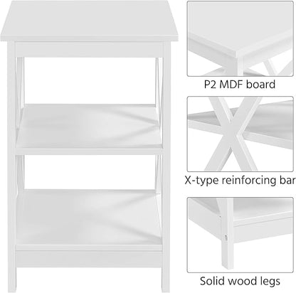 Yaheetech 3 Tier Sofa Side End Table with Shelf, X Shaped Sturdy Large Chair Side Snack Table for Living Room, Display Unit Organizer, White, 15.7 x 15.7 x 24’’ (L x W x H)