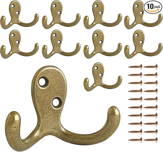 10 Pack Coat Hooks Wall Hooks for Hanging, Heavy Duty Double Prong Metal Hook Wall Mounted for Living Room, Bathroom, Kitchen, Bedroom for Coat, Bag, Scarf, Towel, Hat, Key, Cup (Bronze)