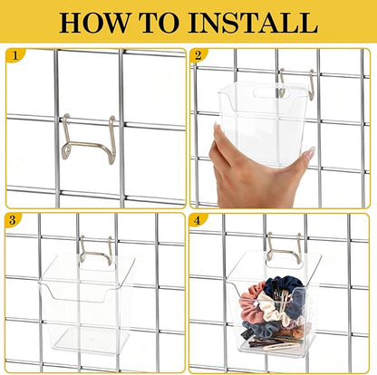 Klmnop 6 Pack Large Grid Wall Bins with Hooks, Clear Gridwall Cups Storage & Organizer for Wall Grid Panels, Garage, Kitchen, Office Tools Shelves Accessories(Clear)