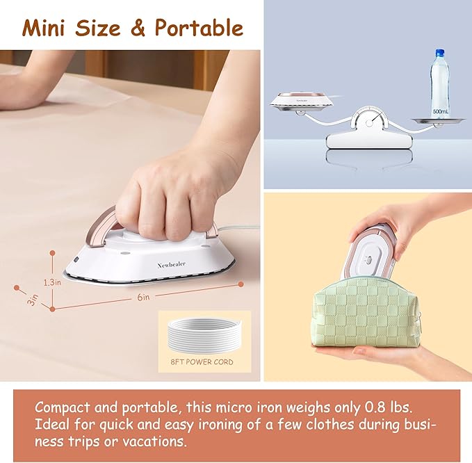Newbealer Travel Iron with Dual Voltage - 120V/220V Lightweight Dry Iron for Clothes (No Steam), Non-Stick Ceramic Soleplate, 302℉ Heat Press Machine, w/Spray Bottle, Pouch & Silicone Stand (White)