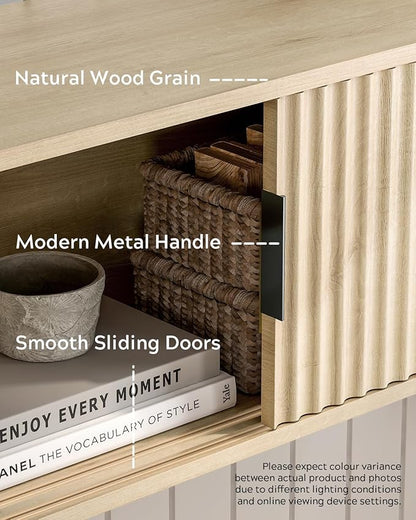 Fluted Floating Nightstand Set of 2 Modern Large TV Stands Wall Mounted Bedside Tables with Sliding Doors Storage Cabinet for Living Room, Bedroom Light Oak