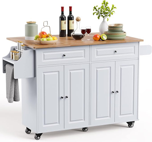 Kitchen Island on Wheels Kitchen Cart with Rubber Wood Top, Mobile Kitchen Island with Double Storage Cabinet and Drawers, Island Table for Kitchen (White)
