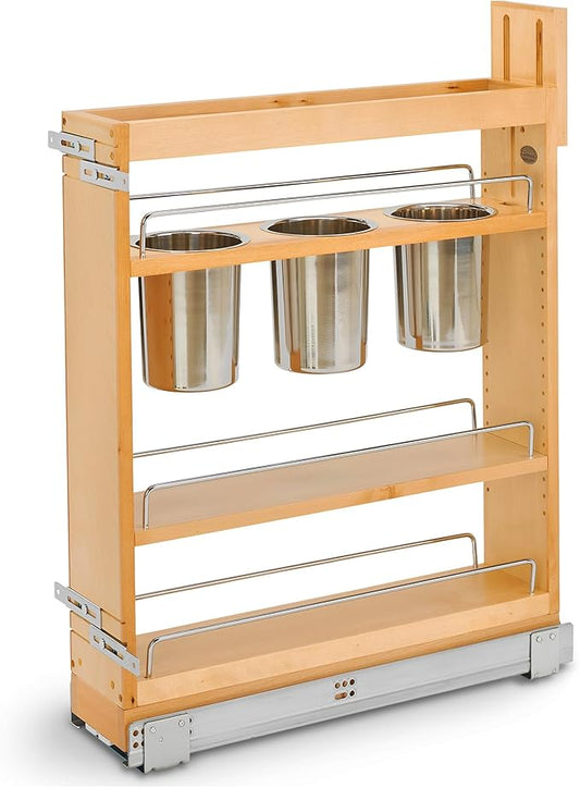 Rev-A-Shelf 5" Pull Out Storage Organizer for Base Kitchen w/ Soft-Close, Sliding Shelves for Utilities, Utensils or Spices, 448UT-BCSC-5C