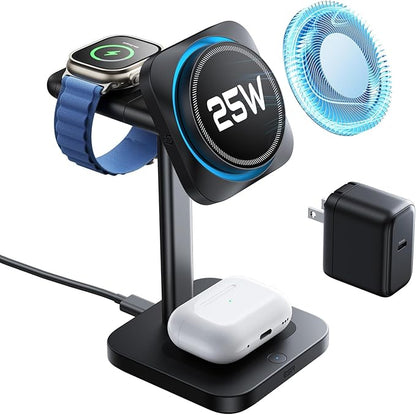 ESR for 3 in 1 Charging Station, Qi2.2 Certified 25W MagSafe Charger Stand with CryoBoost, Phone-Cooling Fast Charging Station, for iPhone 17/16 with iOS 26, AirPods, Apple Watch, Black