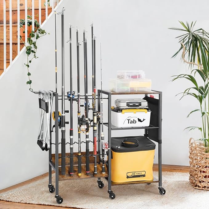Olakee Fishing Rod Holder, Fishing Pole Holders for Garage Boat Home Entryway Fishing Gear Storage with Tackle Cart Ideal Gift for Men Dad Anglers Corner Design for Rods and Equipment Organizers