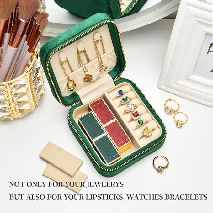 TAIMY Plush Velvet Travel Jewelry Box, Small Travel Jewelry Case, Portable Mini Jewelry Travel Organizer Boxes for Rings Earrings Necklaces Bracelets(Emerald Green,No Mirror)